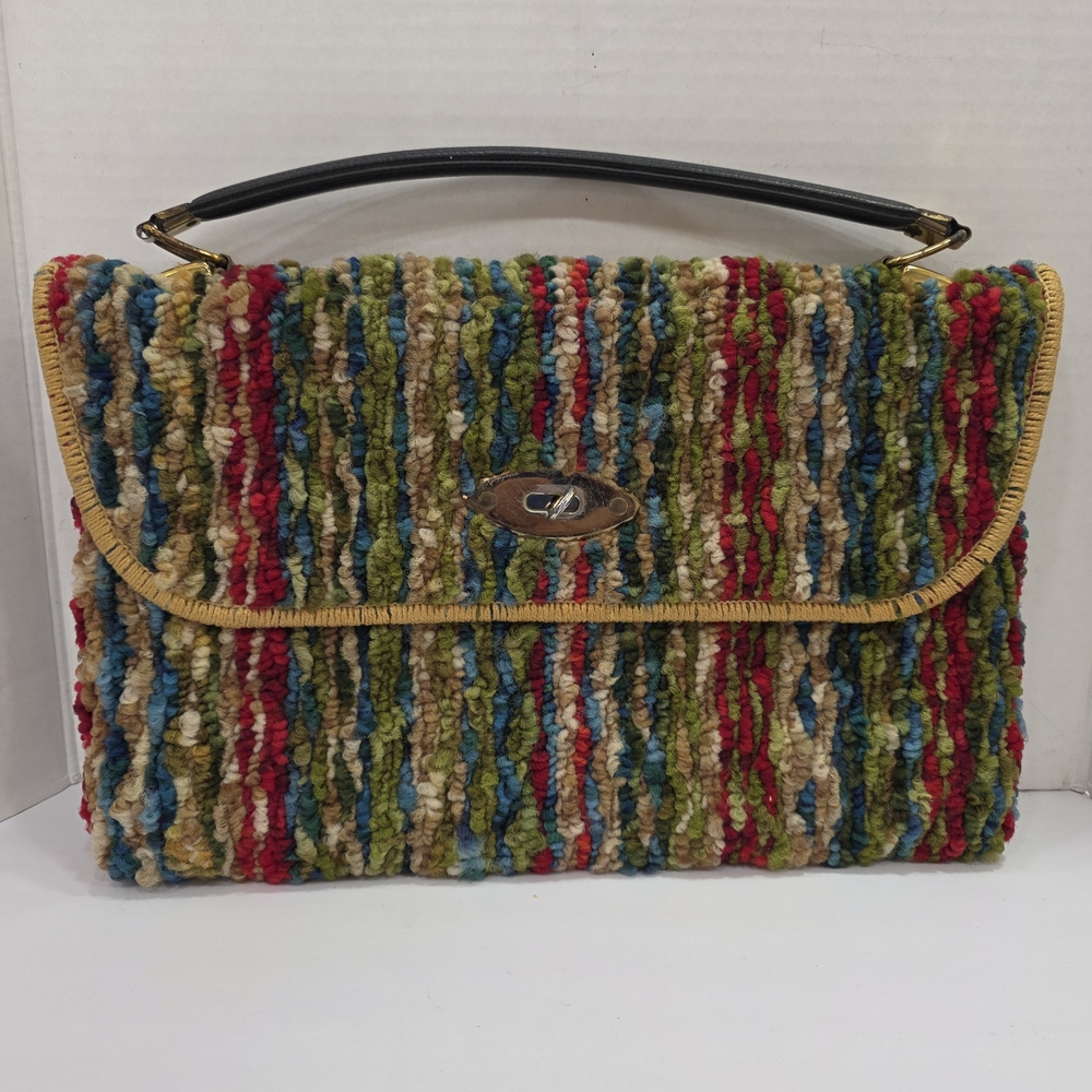 Vintage Jerry Terrence Carpet Bag Handbag Candy Striped Purse Retro Brown Strap